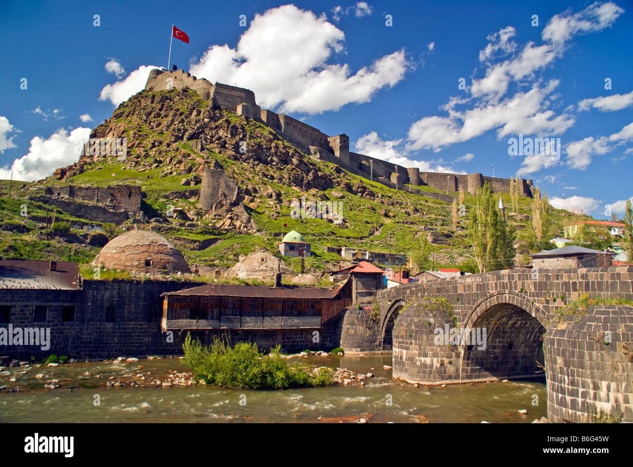 Kars Kalesi (Castle or Kale), Armenian fortress and Ottoman citadel on hilltop overlooking city of Kars Stock Photo