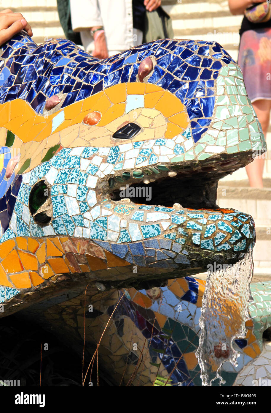 Antoni Gaudi's brightly coloured organic form tile mosaic dragon, Parc Guell, Barcelona, catalonia, Spain Stock Photo