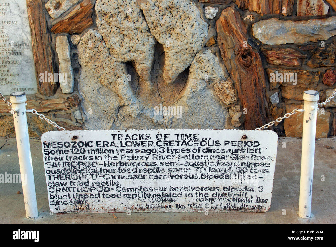 Downtown Glen Rose Texas sign and display of a dinosaur footprint track