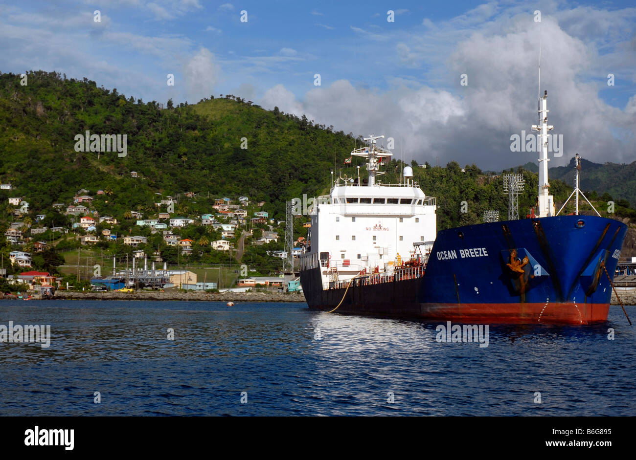 'Ocean Breeze' oil transport ship unloading fuel for the only 'power station' on Grenada in the 'West Indies' Stock Photo
