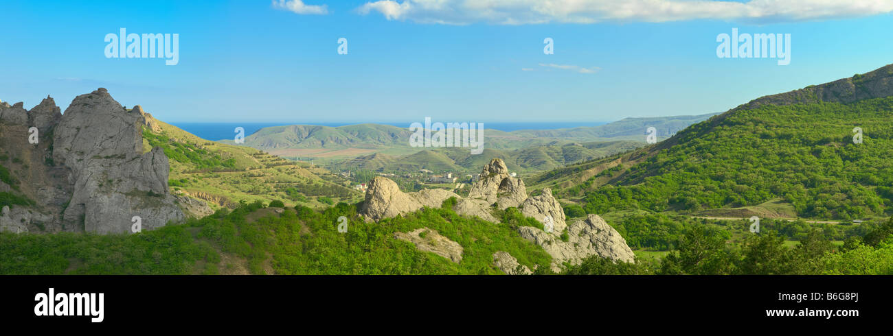 Crimea landscape panorama of Sunny Valley near Koktebel town with Black Sea in the background Stock Photo