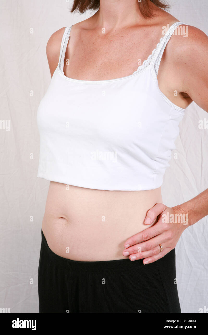 Closeup of pregnant womans stomach bump at 20 weeks 5 months gestation