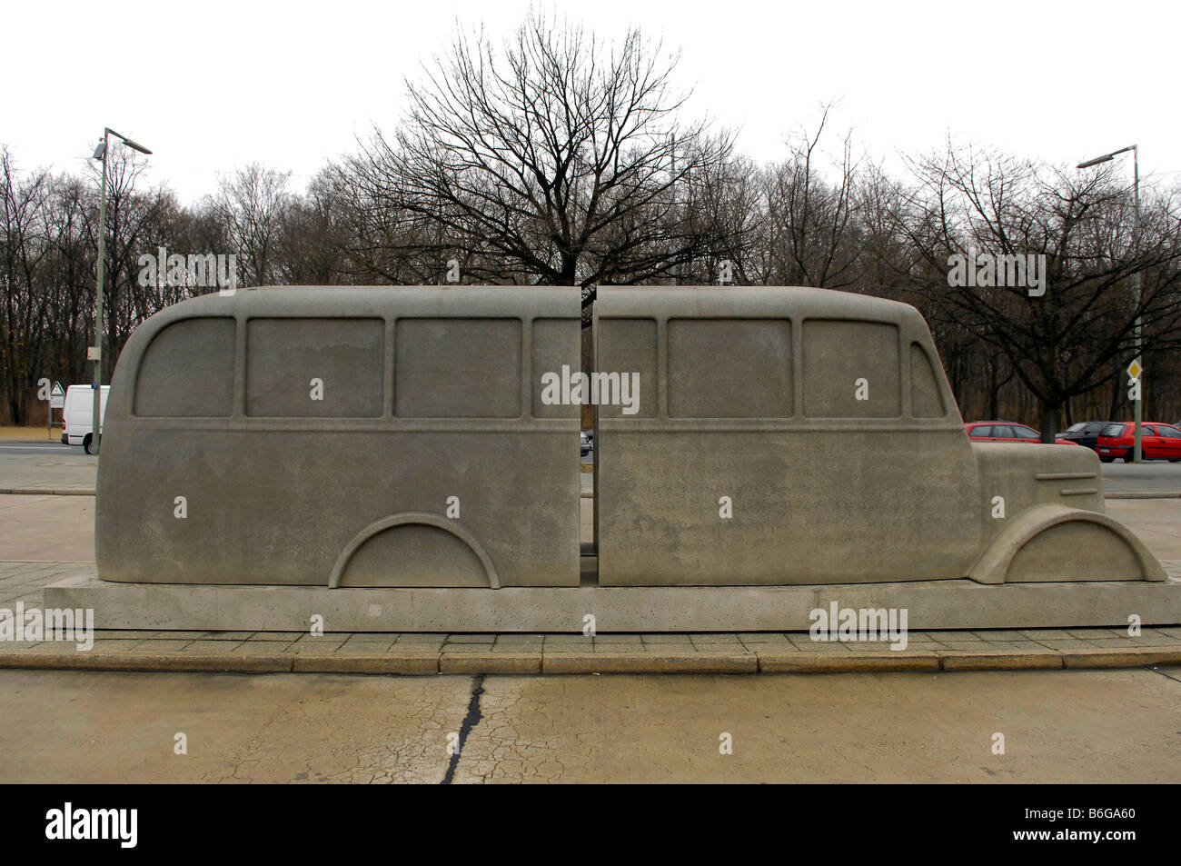 Grey bus concrete sculpture Memorial to Victims of the Nazis' Euthanasia Program berlin germany deutschland Stock Photo