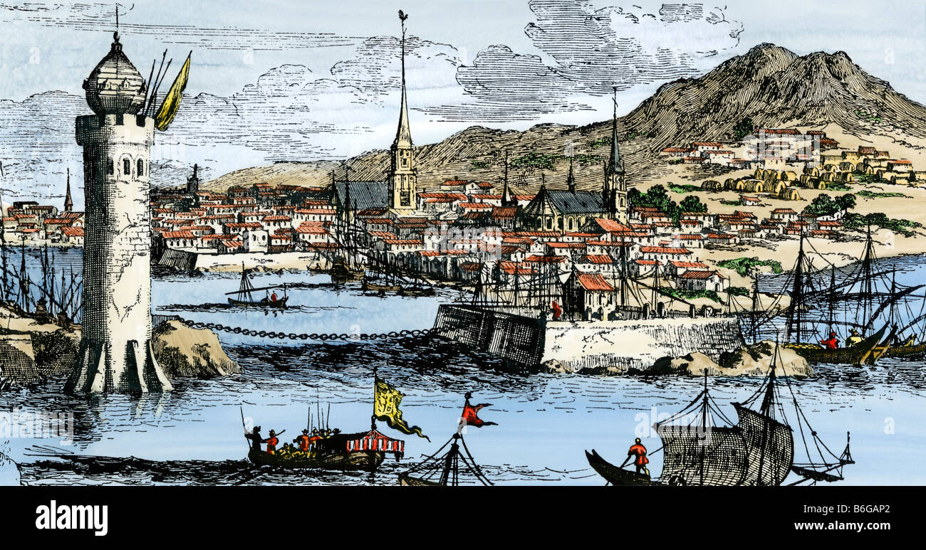 Port of Havana Cuba in early Spanish colonial times. Hand-colored woodcut from Montanus Stock Photo