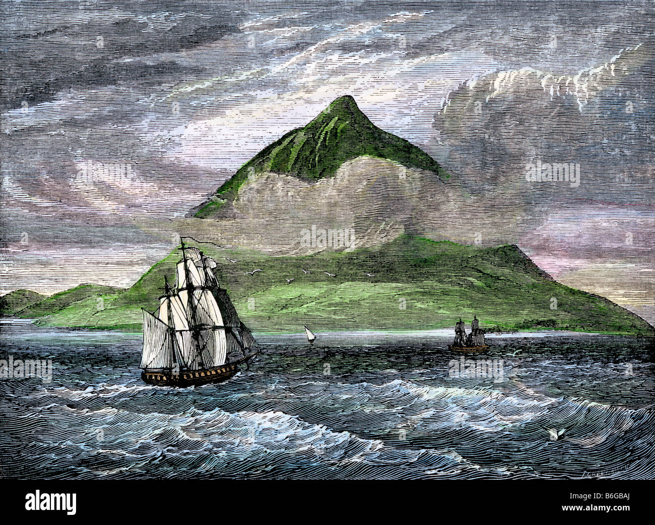 Sailing-ships passing the Peak of Tenerife, or Teyde, in the Canary Islands 1800s. Hand-colored woodcut Stock Photo