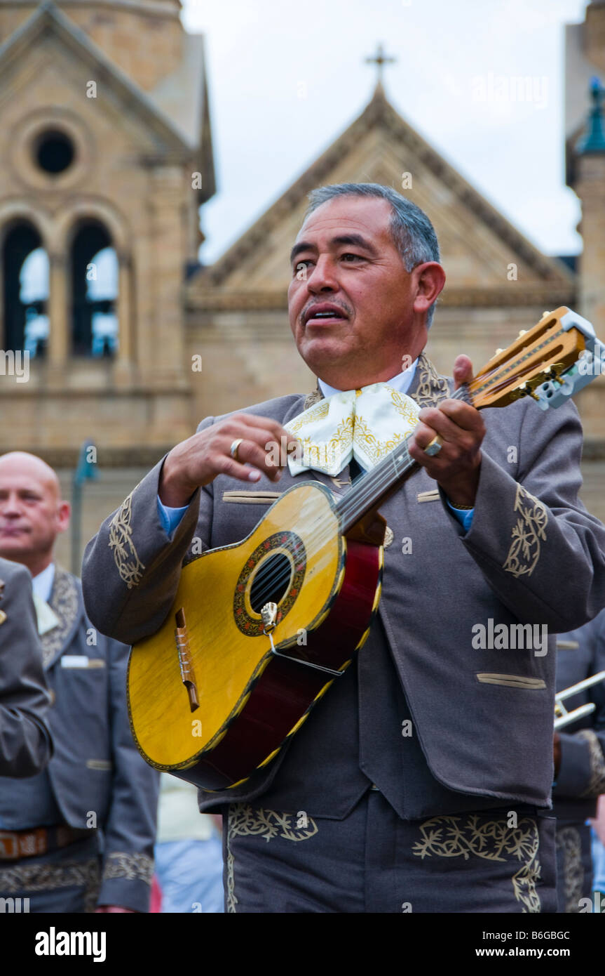 Portrait of Hispanic guitar player in downtown Santa Fe NM Stock Photo