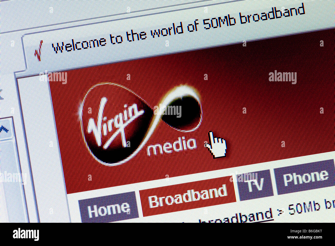 Macro screenshot of Virgin Broadband website Virgin Media launched its new 50mb service in December 2008 Editorial use only Stock Photo