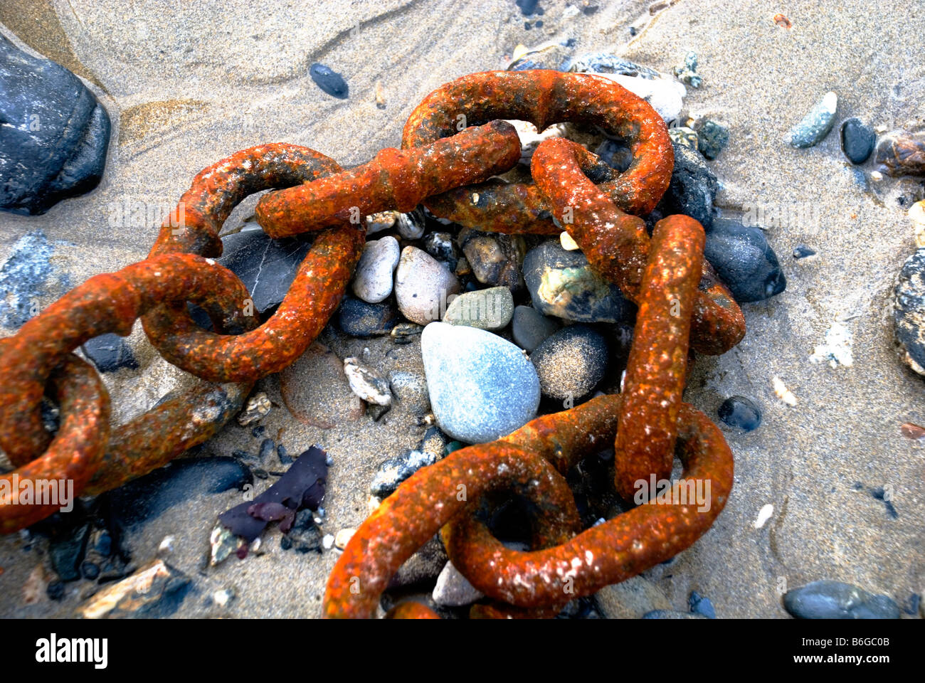 Cornwall England UK Rusty chain on a beach as nature reclaims metal ore Stock Photo