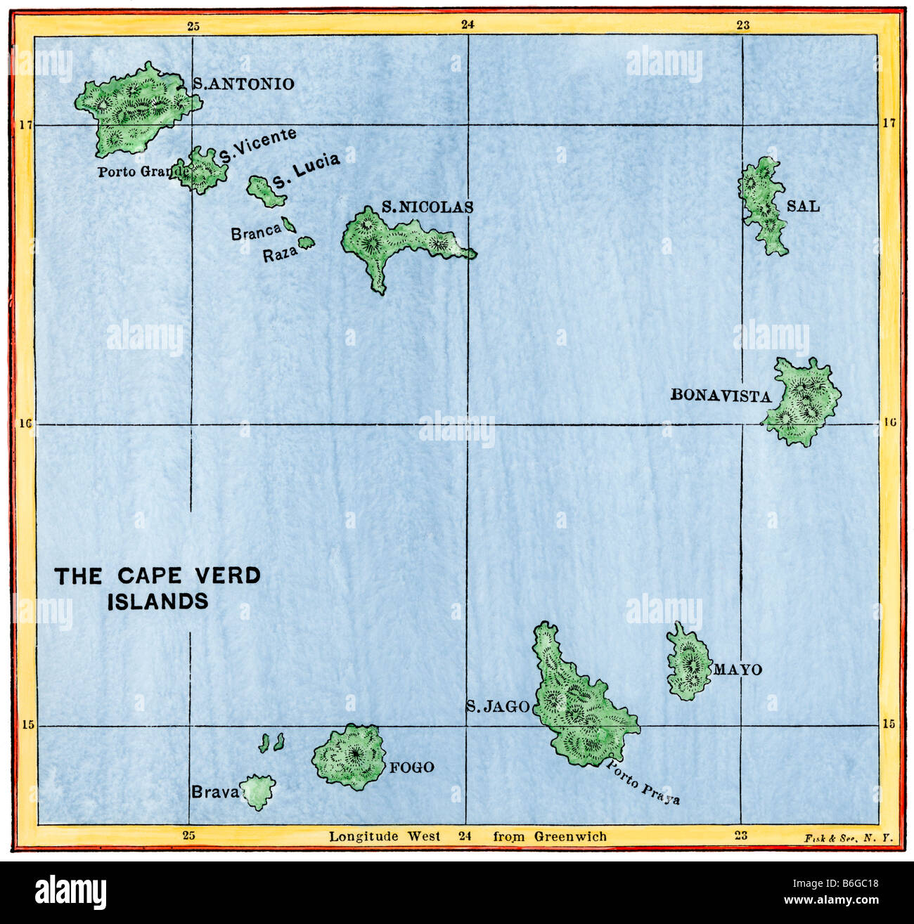 Map of the Cape Verde Islands in the Atlantic. Hand-colored woodcut Stock Photo