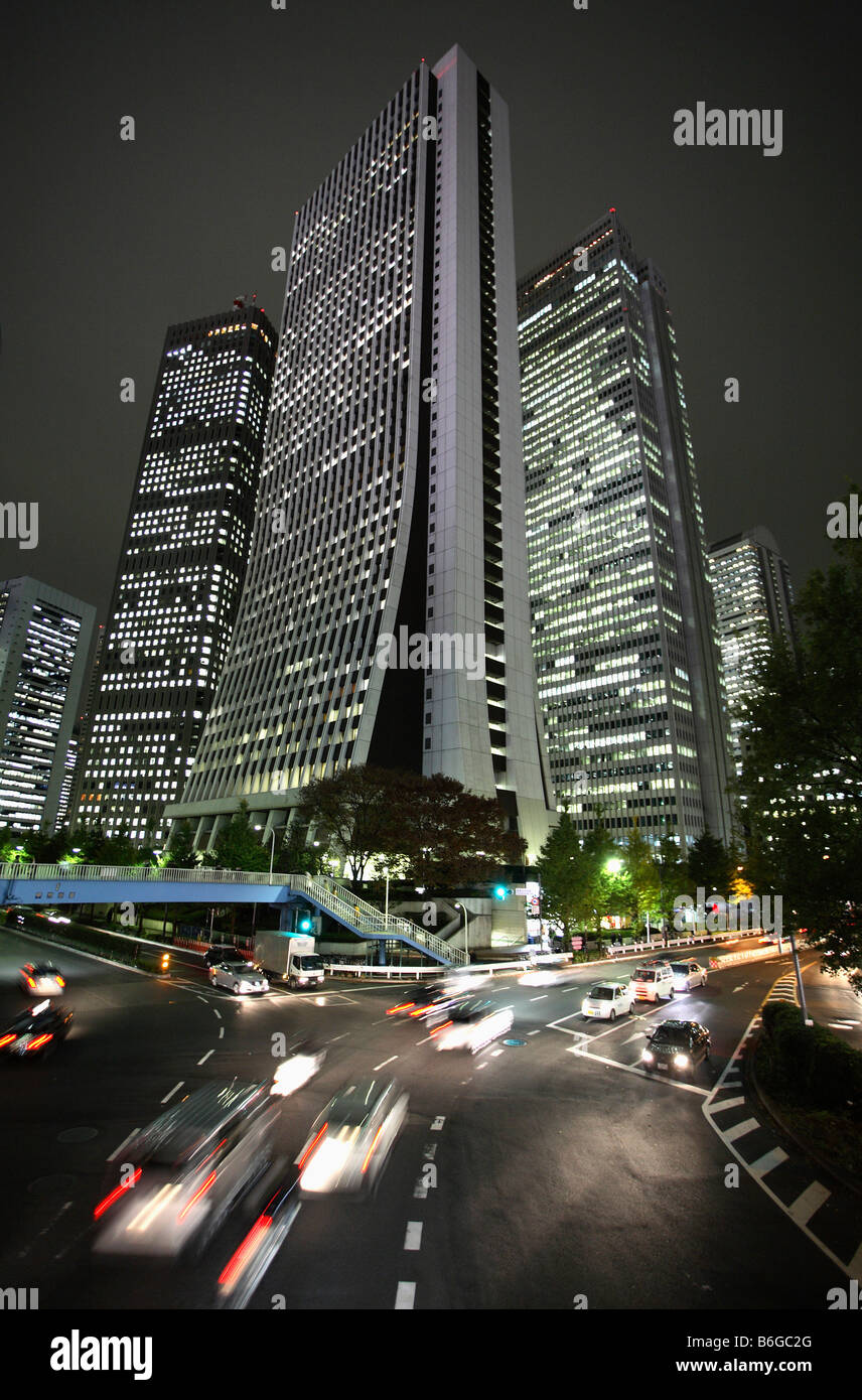 Japan Tokyo Shinjuku skyscrapers night traffic Stock Photo
