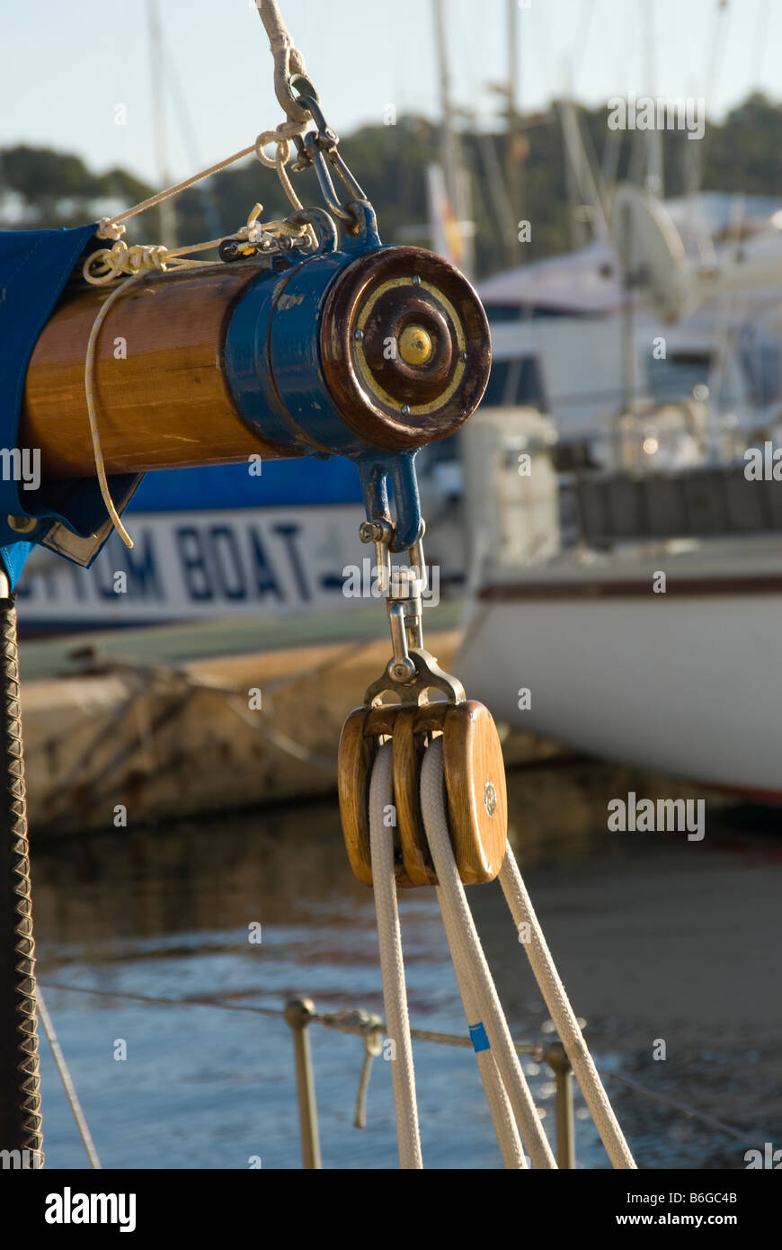 Detail view of Clew and sheet of a sailing boat Stock Photo Alamy