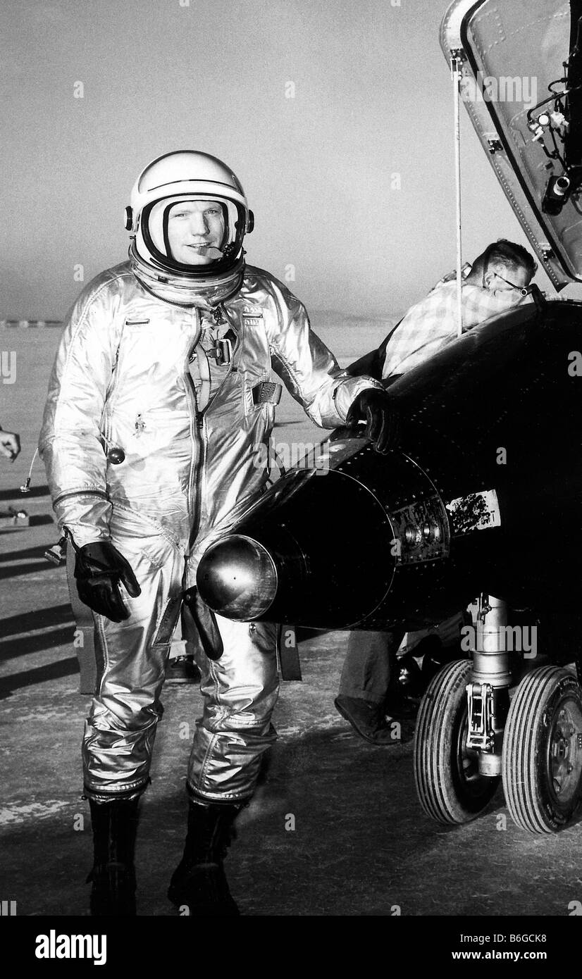 NASA 'test pilot' Neil Armstrong next to the X-15 ship after a research flight. Stock Photo