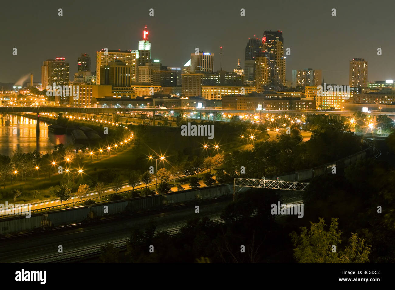 The skyline of downtown St. Paul, MN seen from the Dayton's Bluff neighborhood. Stock Photo