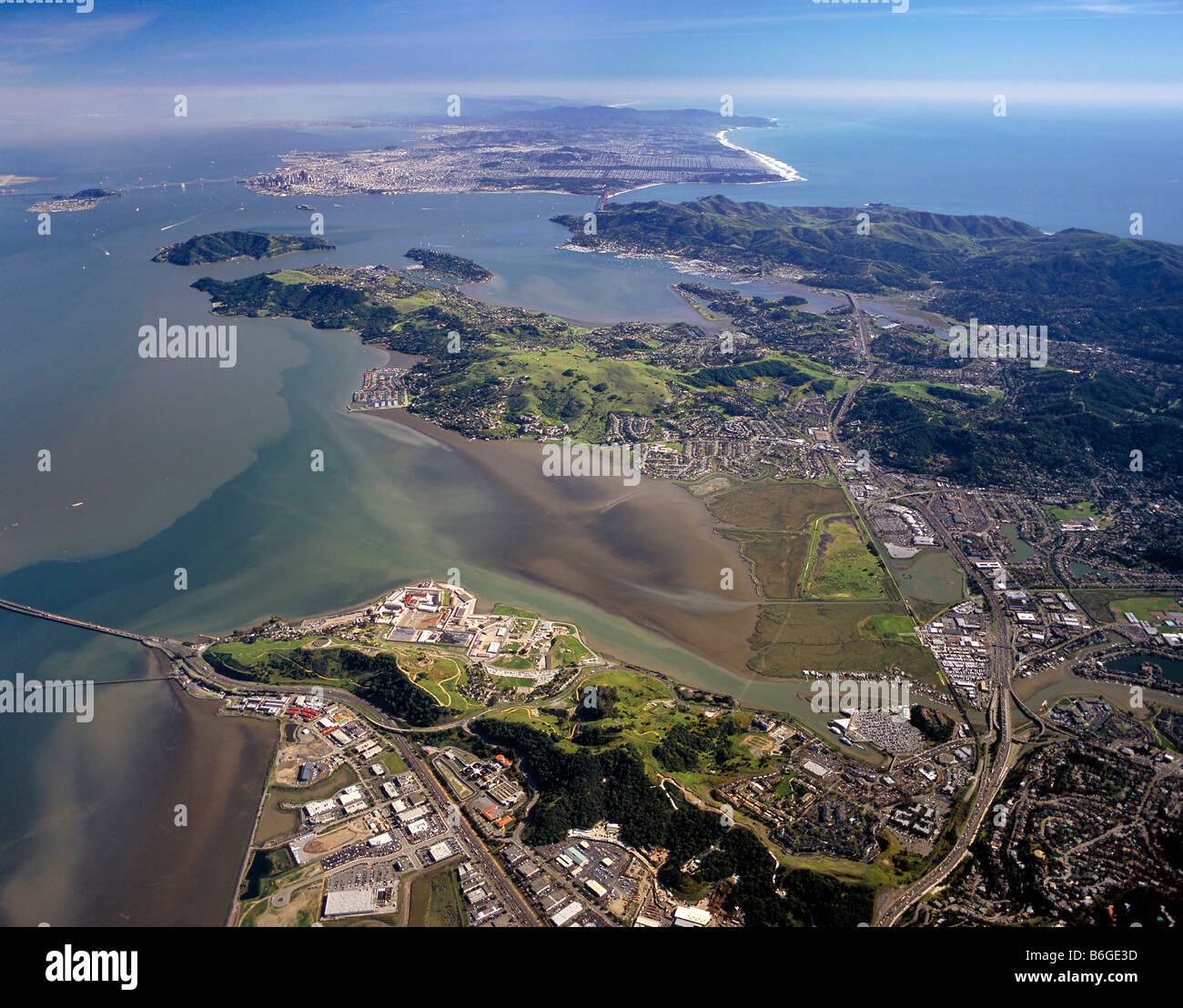 aerial view above tidal flows northern San Francisco bay Marin county to San Francisco Stock Photo