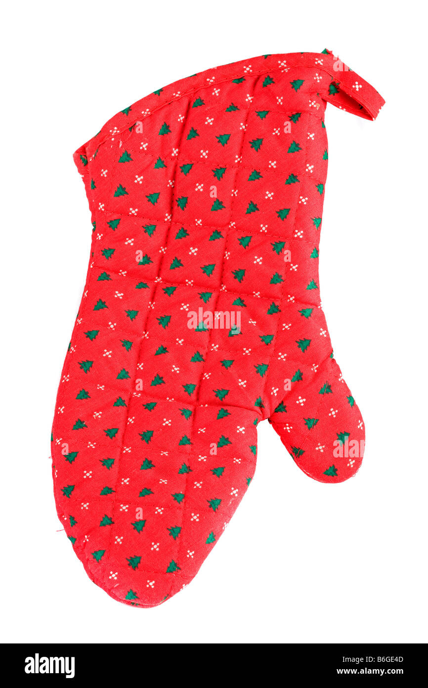 Bright red christmas oven glove with tree decorations Stock Photo