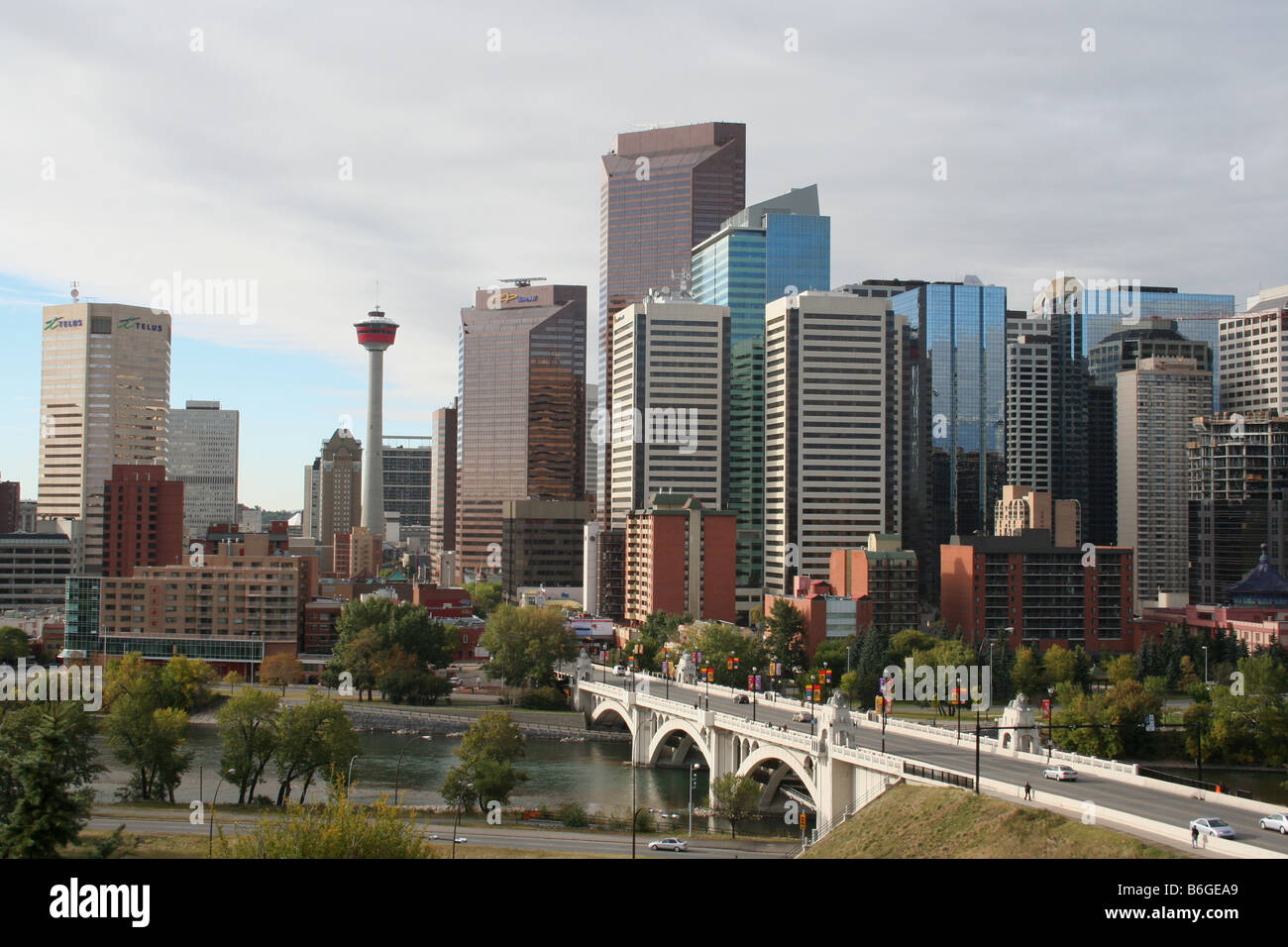 calgary tower and Calgary skyline with centre street bridge over bow ...