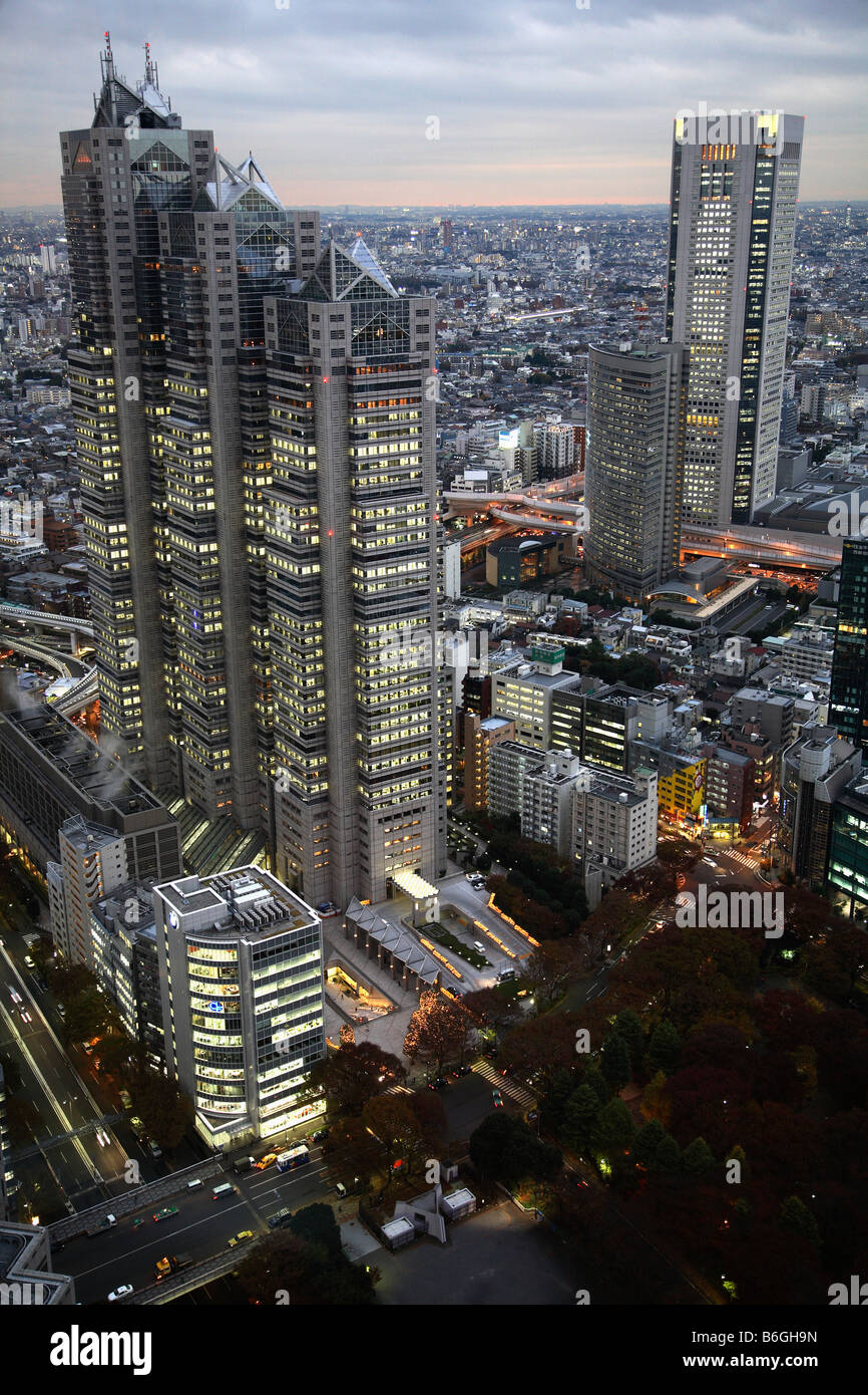Japan Tokyo Shinjuku Park Tower aerial view at dusk Stock Photo
