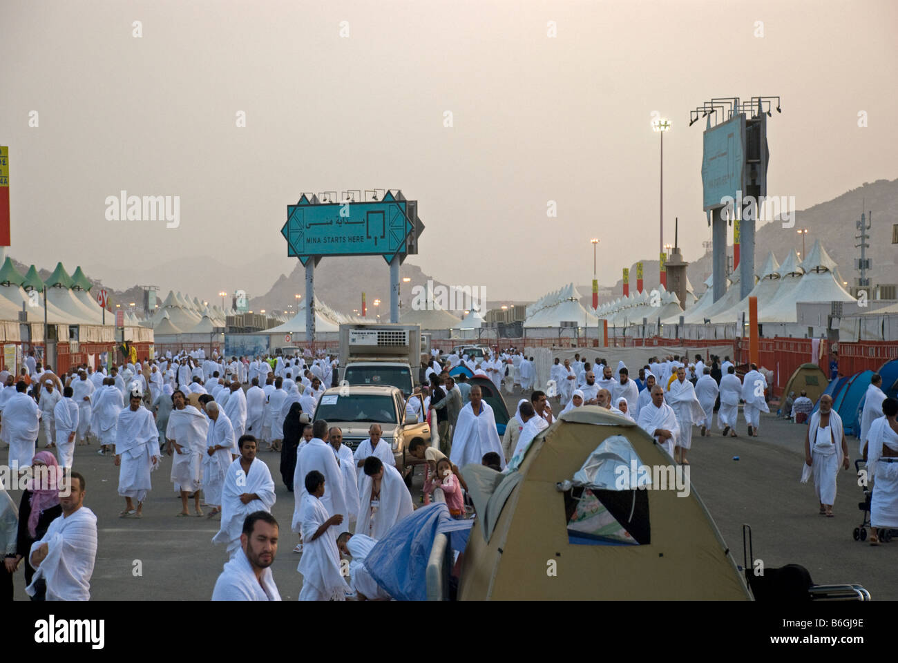 Muslim pilgrims arriving the european part of the tent village Mina on