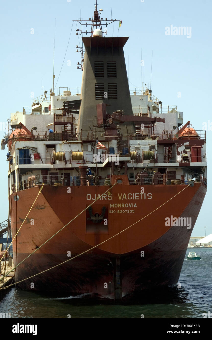 Latvian owned Liberian registered oil products vessel Ojars Vacietis under repair in Dakarnave ship repair yards Dakar Senegal Stock Photo