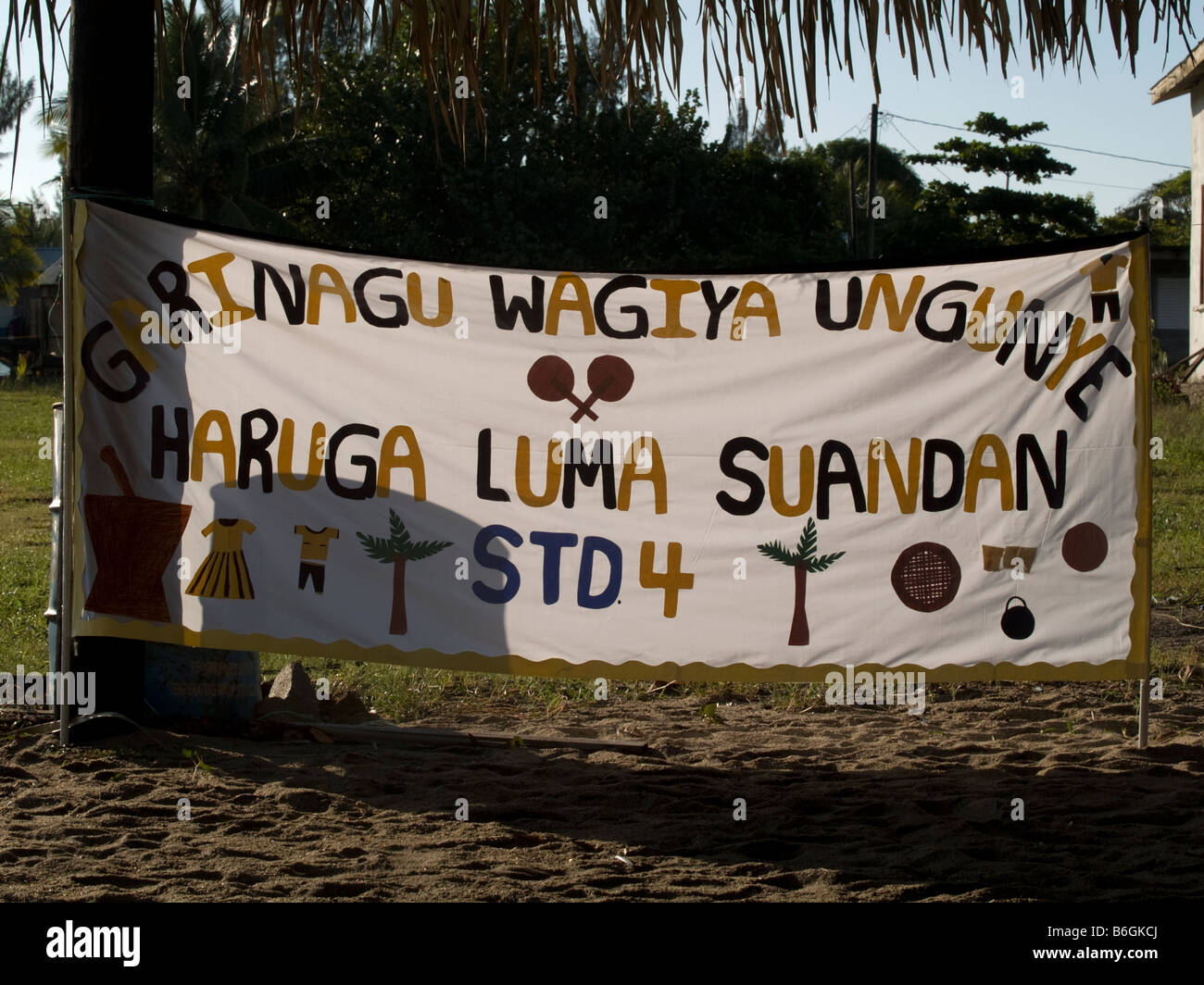 A School Banner Written In Garifuna During The Annual Settlement