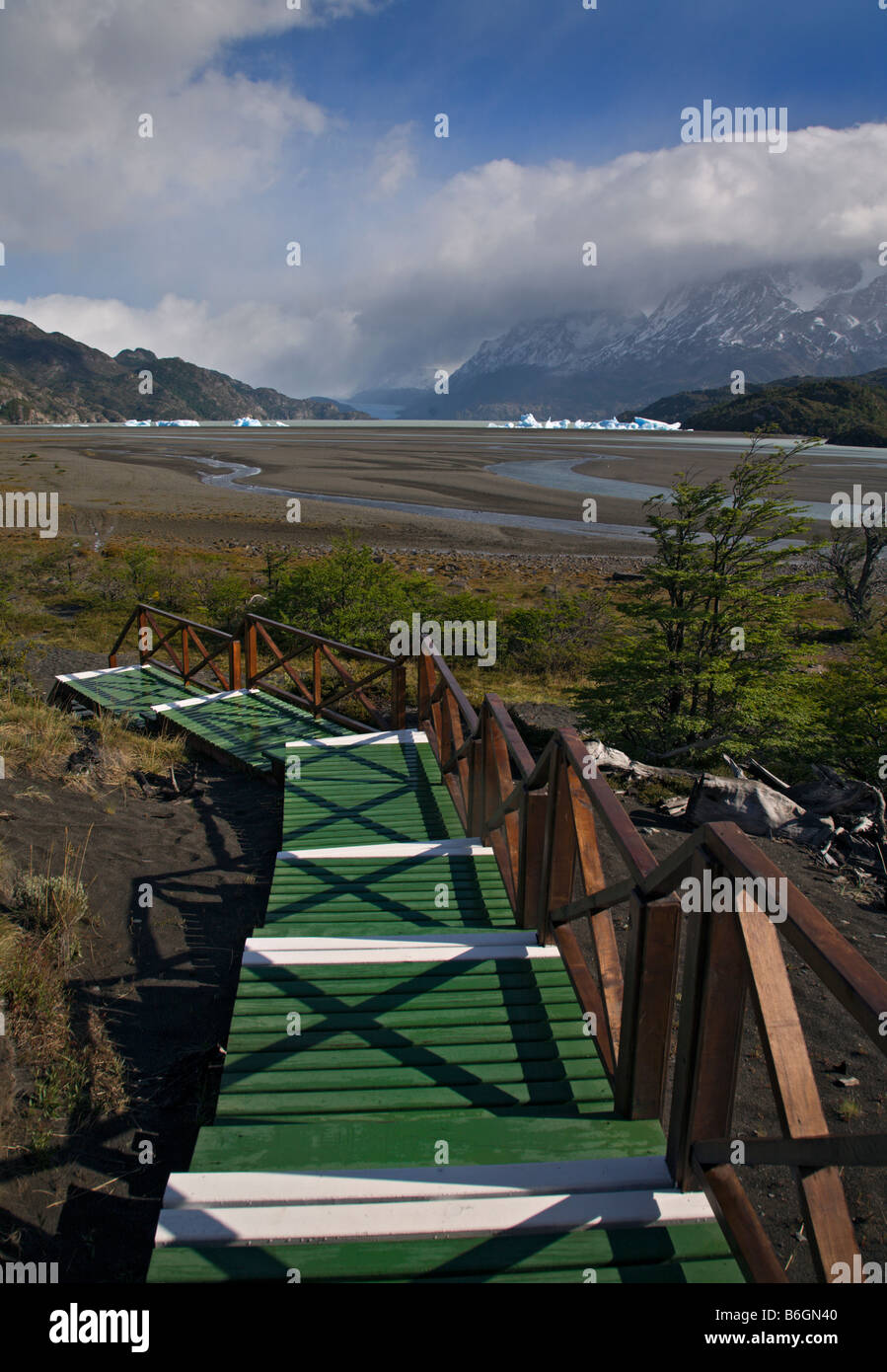 Lake and Glacier Grey as seen from Hosteria Lago Grey, Torres del Paine National Park Chile Stock Photo