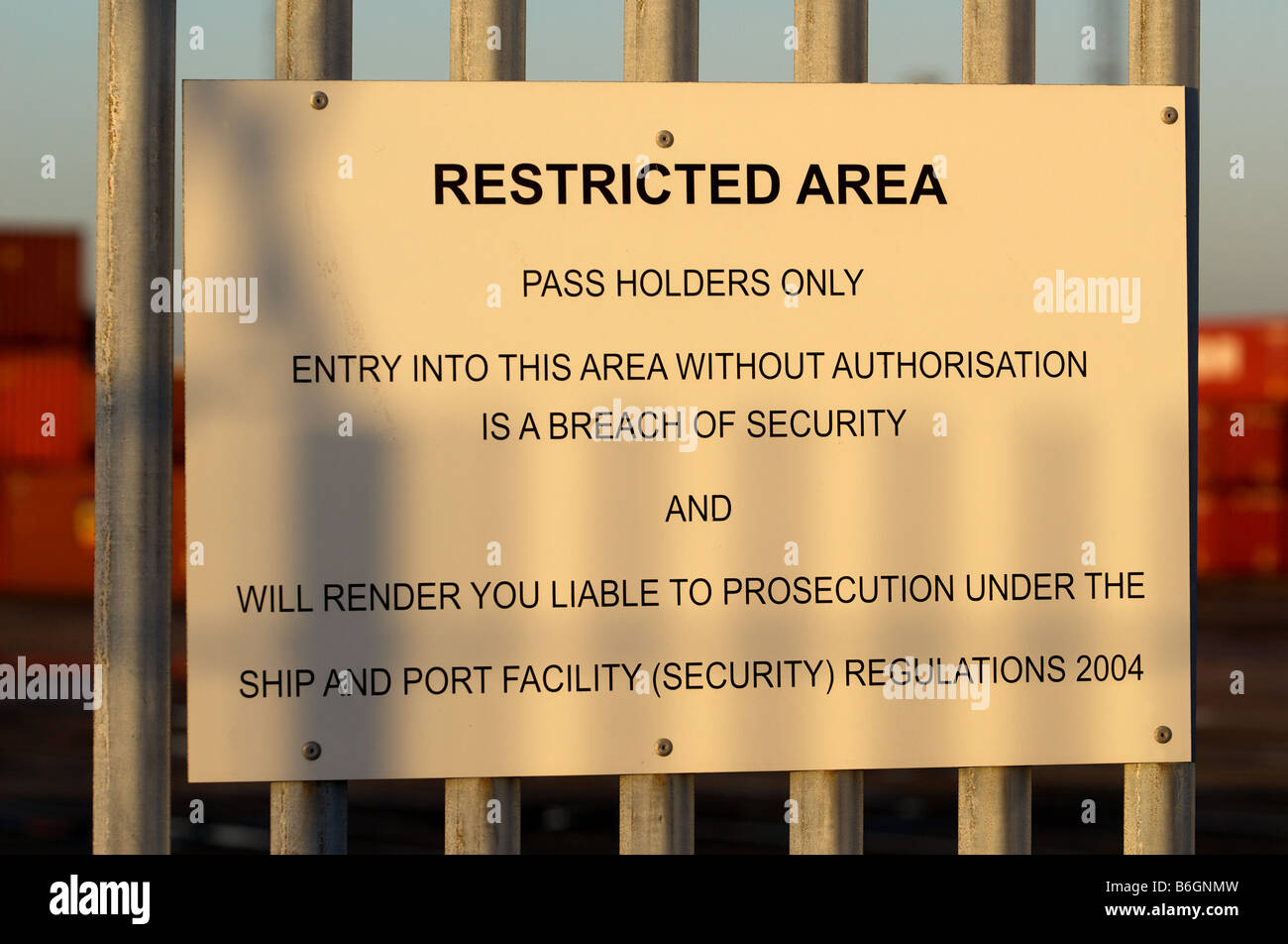 Restricted Area notice board, Port of Felixstowe, Suffolk, UK. Stock Photo