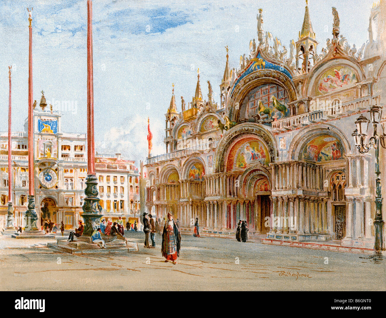 Square in front of Saint Mark's Cathedral in Venice 1880s. Color lithograph Stock Photo