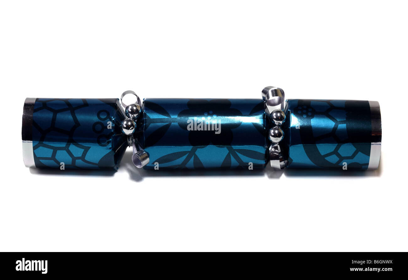 Blue Christmas Cracker on white Stock Photo