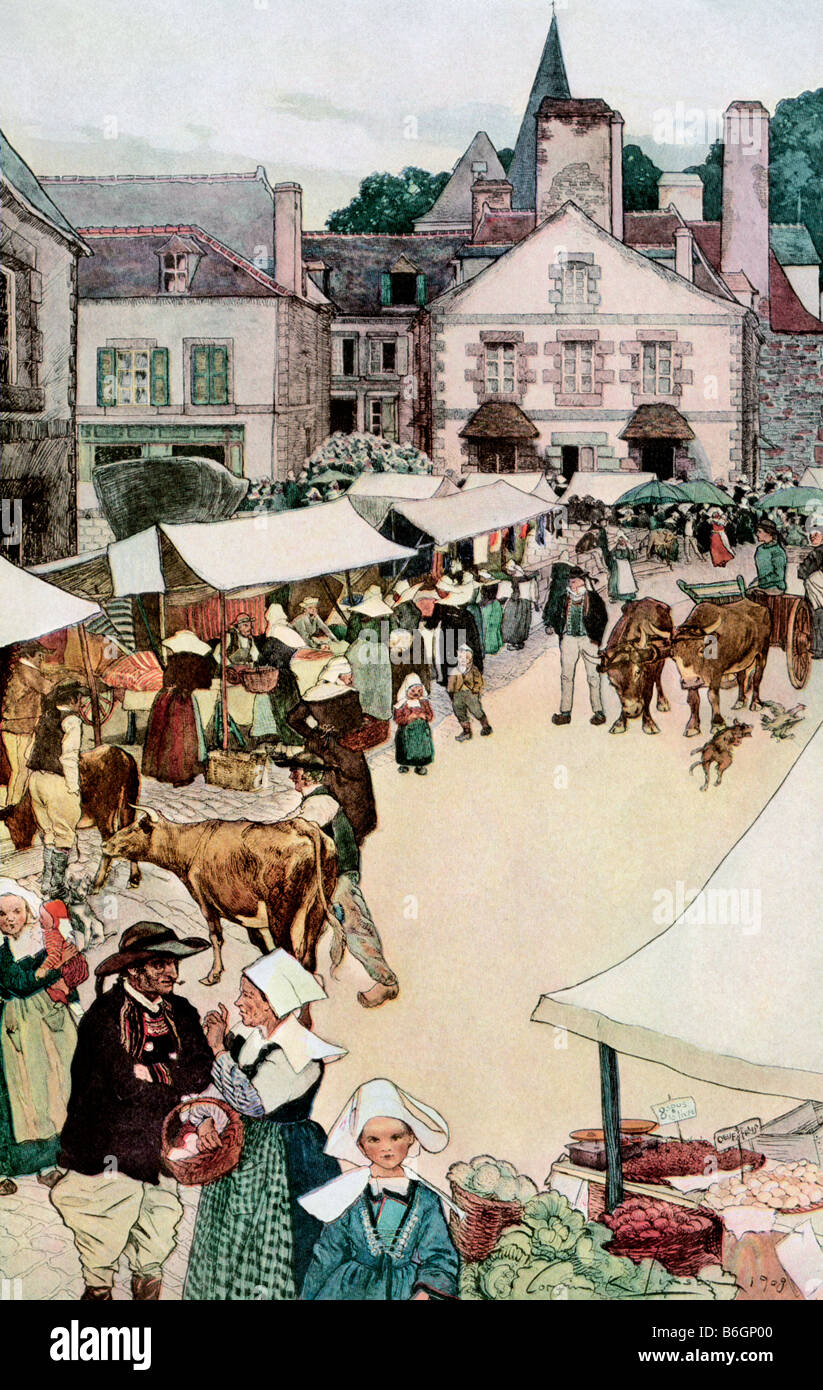Market day in Pont-Aven a village in Brittany France 1800s. Color lithograph Stock Photo