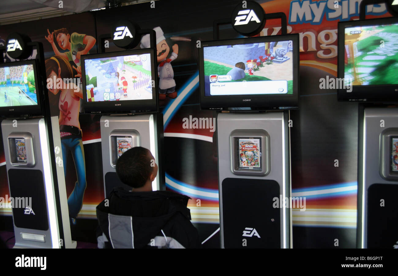 Boy playing computer game at London games show Stock Photo