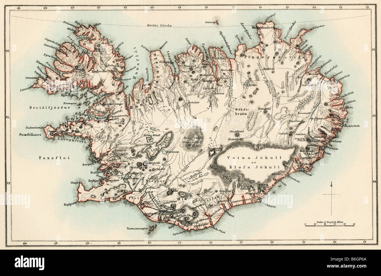Map of Iceland 1870s. Color lithograph Stock Photo