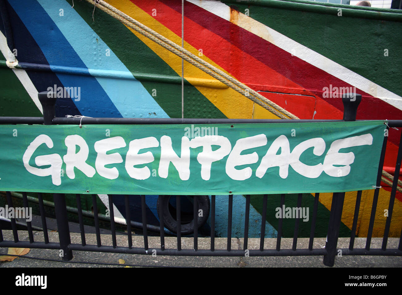 Detail, Greenpeace ship Rainbow Warrior II moored in London Stock Photo