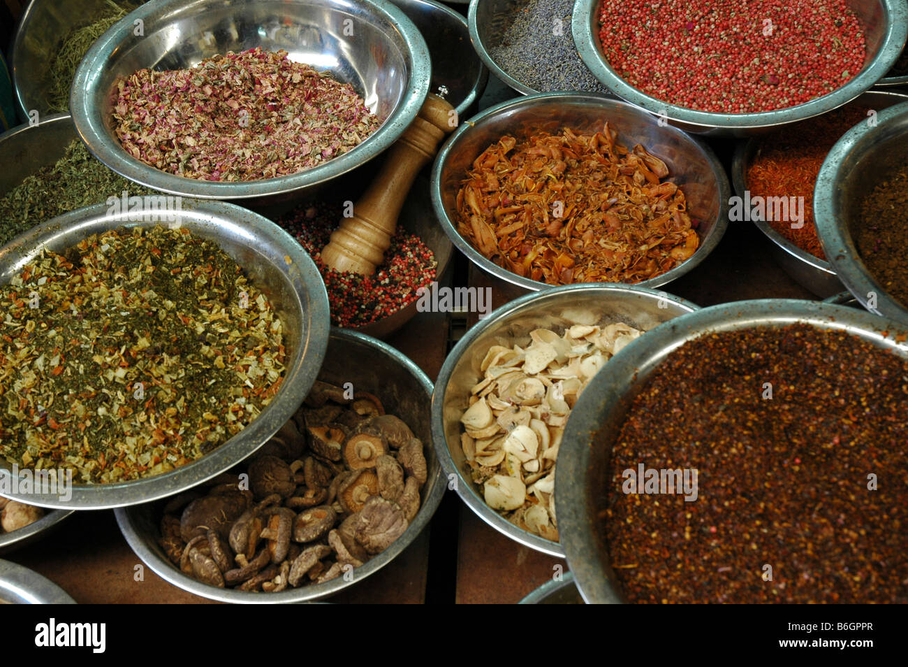 Dishes of dried herbs and spices Stock Photo Alamy