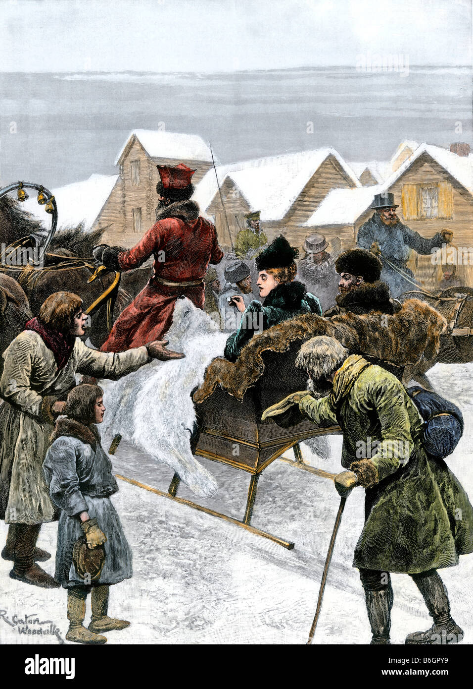 Starving Russian peasants begging from a wealthy couple in the town of Kazan near St. Petersburg 1890s. Hand-colored halftone of an illustration Stock Photo