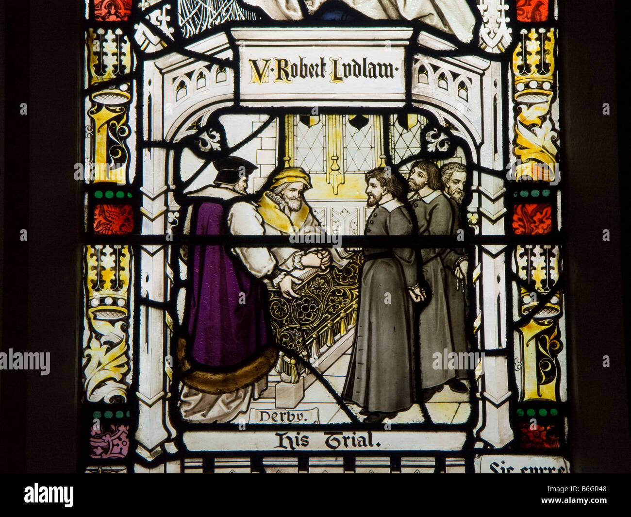 St Mary's Church, Derby, UK. Stained glass window showing the trial of