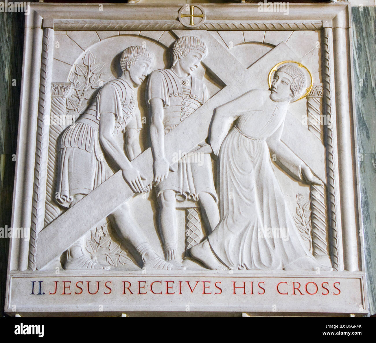 Westminster Cathedral, London, UK. Jesus Receives His Cross, one of the Stations of the Cross (II) carved by the sculptor Eric Gill in 1918 Stock Photo