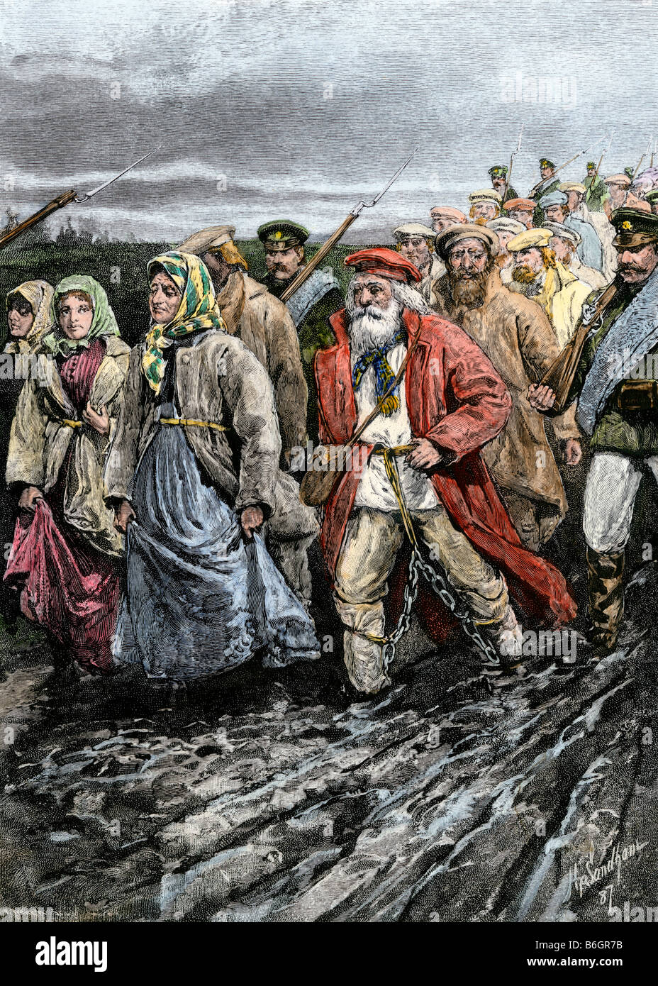 Russian prisoners marched on a muddy road to exile in Siberia 1880s. Hand-colored woodcut Stock Photo