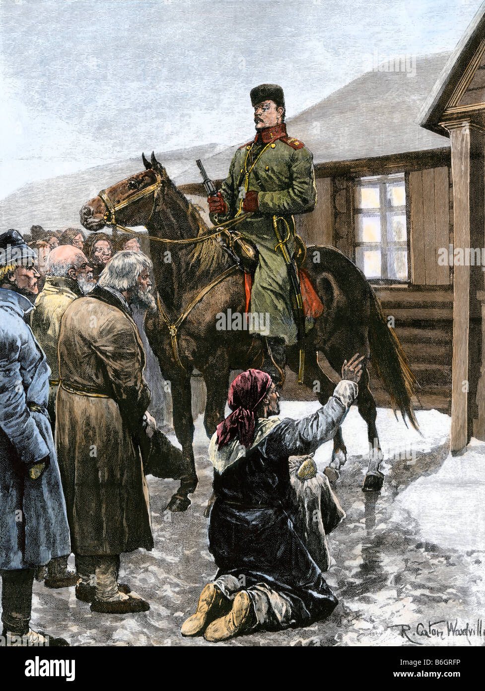 Russian peasants near St. Petersburg begging soldiers for bread 1890s. Hand-colored halftone of an illustration Stock Photo