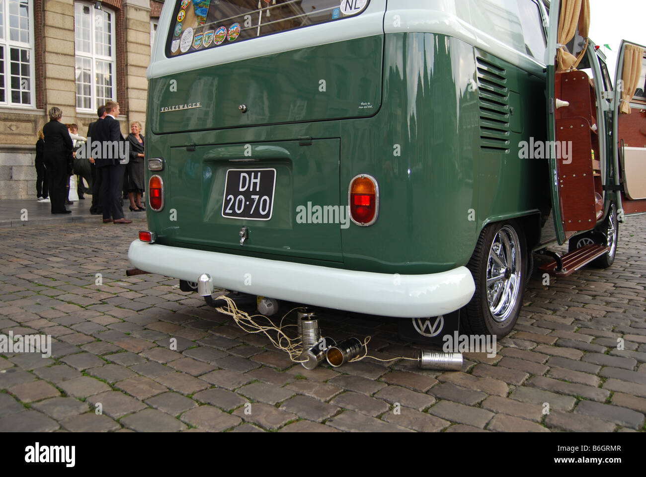 Classic VW bus, getaway car at wedding ceremony Stock Photo