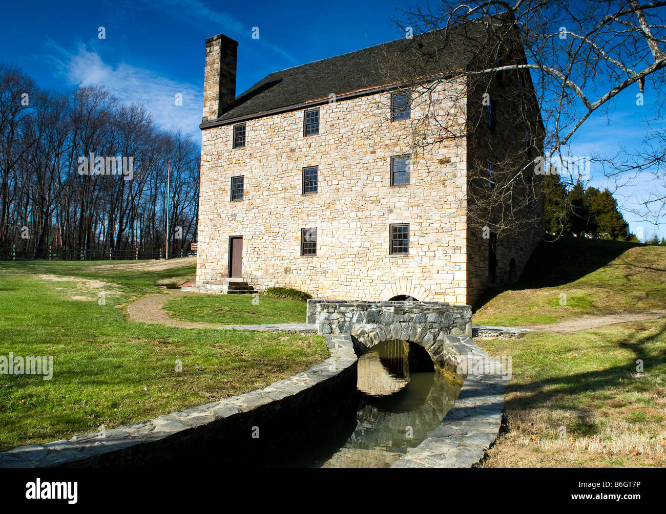 The rear view of George Washington's Grist Mill, a historic site about two miles away from Mount Vernon in Alexandria Virginia. Stock Photo