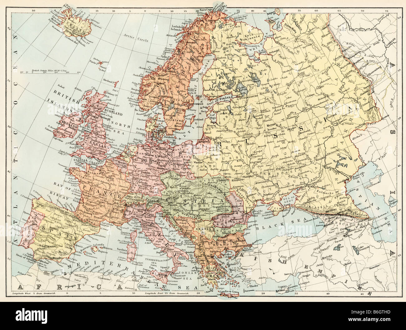 Map of Europe in the 1870s. Color lithograph Stock Photo