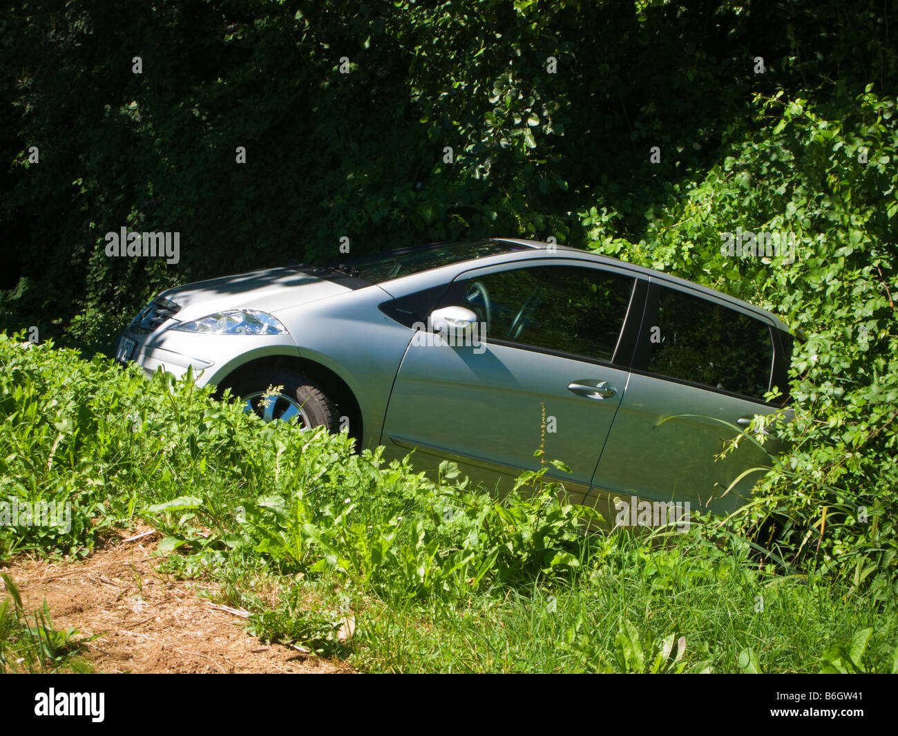 Mercedes A class accidentally reversed into a ditch France Europe Stock Photo