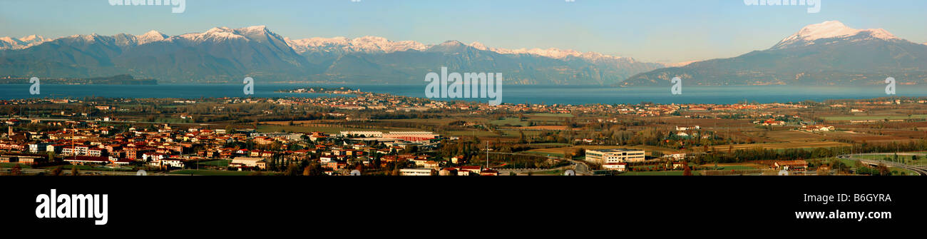 Prealpine panorama on the south Garda lake from the tower of St Martino della Battaglia. Stock Photo