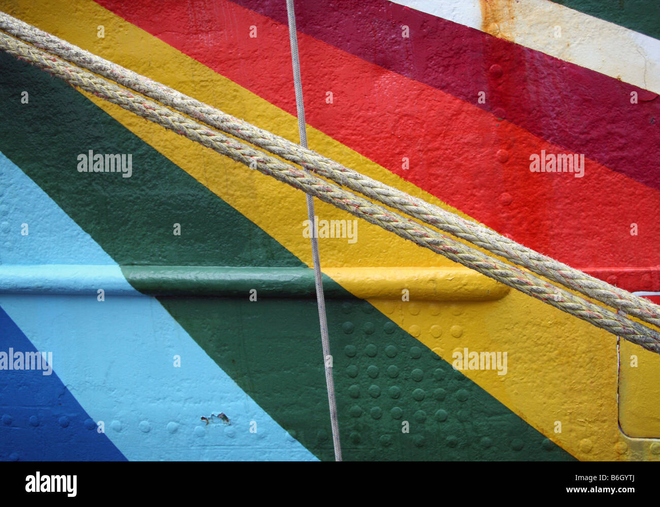 Detail, Greenpeace ship Rainbow Warrior II moored in London Stock Photo