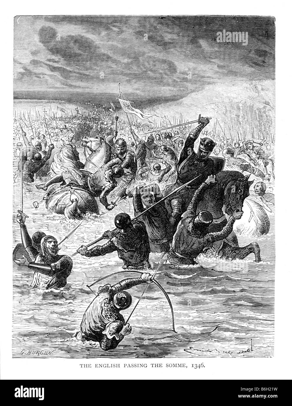 The English Passing the Somme at the Battle of Blanchetaque France 25 August 1346 19th Century Illustration Stock Photo