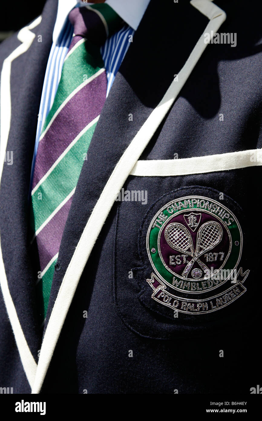 Detail of a line judge's Polo Ralph Lauren jacket, badge and tie at the Wimbledon Tennis Championships 2008 Stock Photo