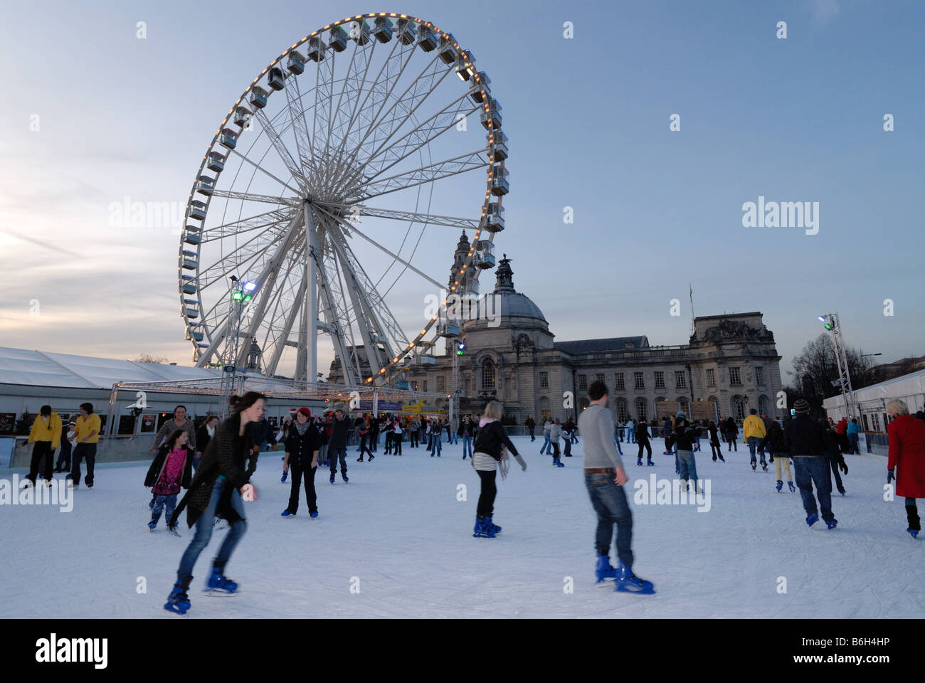 Cardiff Winter Wonderland's 'Admiral Eye' and skating on the ice rink Stock Photo