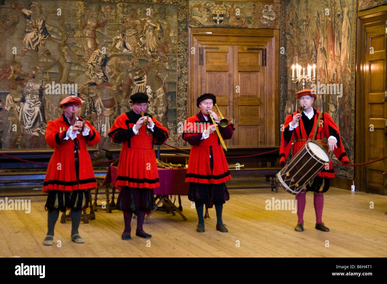 Musicians play medieval music at Hampton Court Palace England Stock