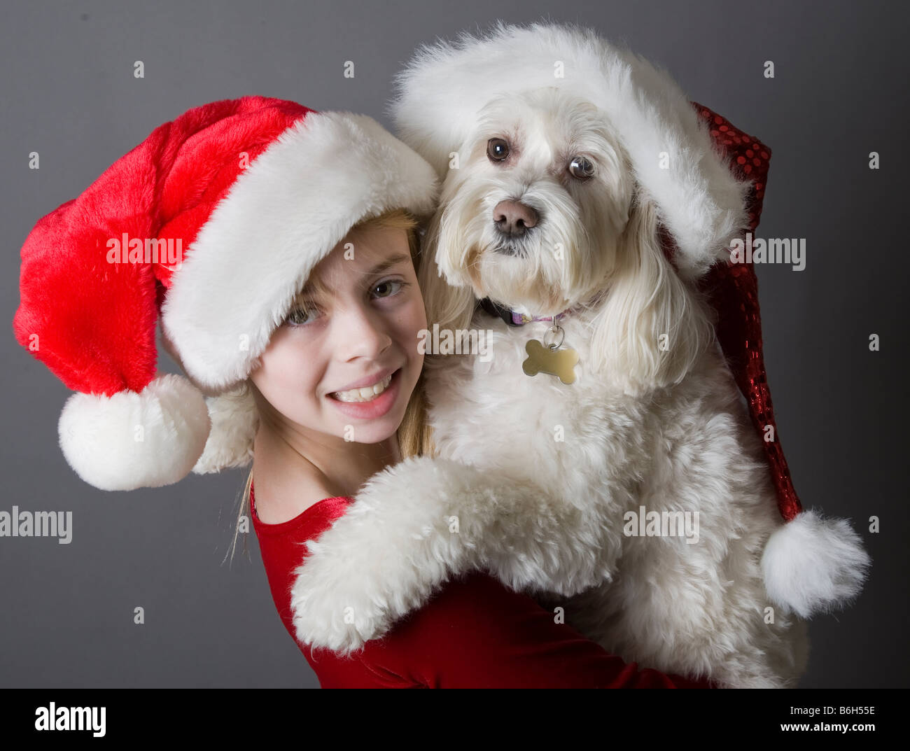 Girl and her dog wearing Santa hats Stock Photo - Alamy