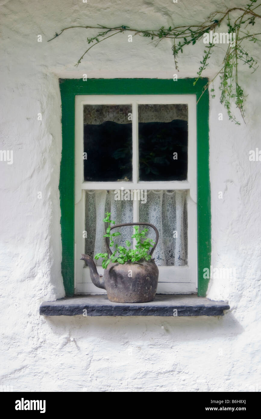 Bunratty Folk Park, County Clare, Ireland - An example of a traditional cottage window, complete with rusted teapot and plant. Stock Photo
